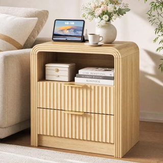Easoger Set of 2 Fluted Nightstand with Charging Station, 19.7" Wide Bedside Table with USB & Type-C Ports, 2 Drawers & Open Shelf, Curved Oak End Table for Bedroom