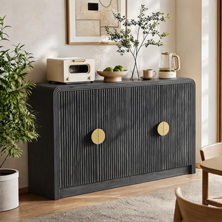 Easoger 55 Inch Fluted Buffet Sideboard Storage Cabinet, Black Mid-Century Modern Credenza Console Table with Adjustable Shelves, Wavy Grain Doors, Anti-Tip for Dining Room, Living Room, Entryway