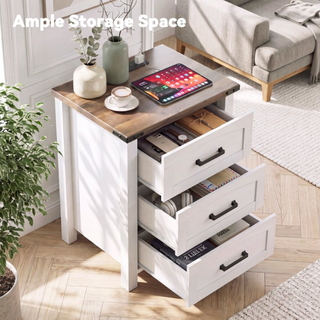 Easoger Set of 2 Farmhouse 3-Drawer Nightstands with Charging Station & USB-C, 18" Wide Rustic White Wood Bedside Table for Bedroom