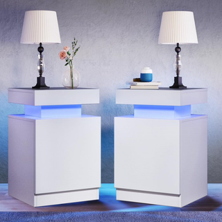 Easoger Home Nightstands Set of 2, 24 Color LED Lights, Modern Bedroom Side Table, White