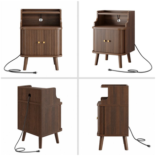 Easoger Fluted Nightstands with Charging Station, Mid-Century Modern Walnut Bedside Tables with Tambour Sliding Doors, Hidden Cabinet & Open Shelf, USB/Type-C Ports