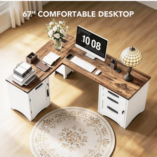 Easoger 67" L-Shaped Desk with Charging Station & Storage, Farmhouse Executive Office Desk with 4 Drawers & Locking File Cabinet, USB/Type-C Ports, White & Brown