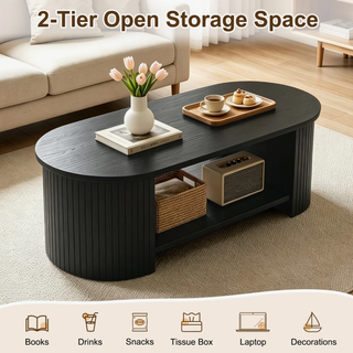 Easoger 42.5" Oval Coffee Table with 2-Tier Storage, Mid-Century Modern Center Table with Fluted Pedestal Base, Wooden Side Table for Living Room, Home Office,Black
