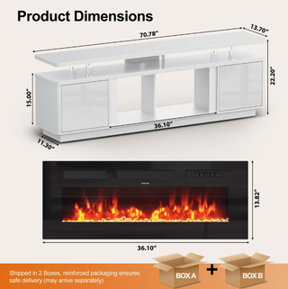Easoger 70" 2-Tier TV Stand with 36" Electric Fireplace, Modern Entertainment Center with LED Lights & Acrylic Legs, Media Console for TVs up to 80" for Living Room,White