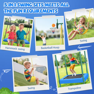 Metal Swing Sets for Backyard,Heavy-Duty Outdoor Kids Playsets for Playground,Outside Toys with Trampoline, Platform Swing, 2 Swings and Basketball Hoop for Aged 3-12