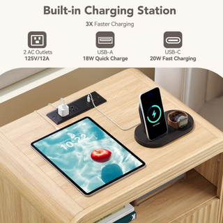 Easoger Set of 2 Fluted Nightstand with Charging Station, 19.7" Wide Bedside Table with USB & Type-C Ports, 2 Drawers & Open Shelf, Curved Oak End Table for Bedroom