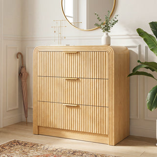 Easoger 19.7" Fluted Nightstand with Charging Station, 3 Drawers Modern Bedroom Side Table with USB-C & Gold Handles, Natural Oak