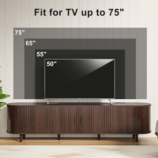 Easoger 70" Sliding Door TV Stand with Charging Station, Fluted Vertical Grille Wood Entertainment Center, Curved Oval Shape Storage Cabinet,Brown
