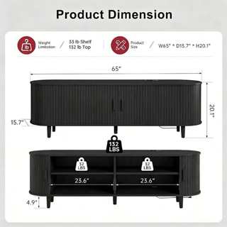 Easoger 65" Sliding Door TV Stand with Charging Station, Fluted Vertical Grille Wood Entertainment Center, Curved Oval Shape Storage Cabinet,Black