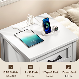 Easoger Farmhouse Nightstand Set of 2 with Charging Station & Large Storage, End Tables with Outlets & USB Ports for Bedroom, White