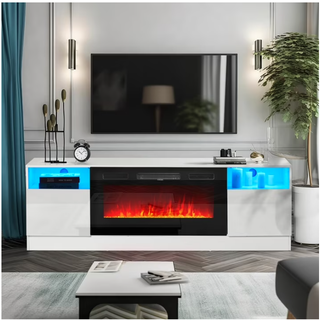 Easoger 70 inch Fireplace TV Stand, White TV Stand with Fireplace for TVs up to 80", 12 LED Colors