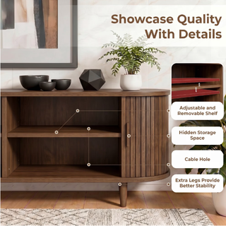 Easoger 65" Sliding Door TV Stand with Charging Station, Fluted Vertical Grille Wood Entertainment Center, Curved Oval Shape Storage Cabinet,Walnut