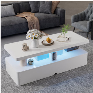 Easoger Modern Stylish Coffee Table with 16 Colors LED Lights, Double-Layer Design for Living Room, White High Gloss Acrylic
