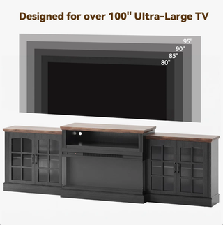 Easoger 97" TV Stand with Electric Fireplace, 3-Sided Glass Display Media Console for Over 100" TVs, Large Storage with Glass Doors & Shelves, LED Backlight, Walnut + Black Oak