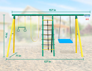 Metal Swing Sets for Backyard,Heavy-Duty Outdoor Kids Playsets for Playground,Outside Toys with 2 Swings,Trapeze Bar and Basketball Hoop for Aged 3-12