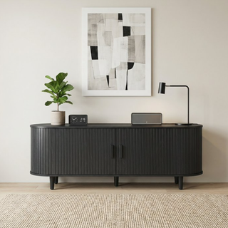 Easoger 70" Sliding Door TV Stand with Charging Station, Fluted Vertical Grille Wood Entertainment Center, Curved Oval Shape Storage Cabinet,Black
