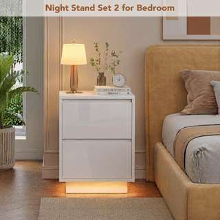 Easoger Nightstand Set of 2 with LED Lights, 2 Drawers & USB Ports, Modern End Tables for Bedroom Living Room, White