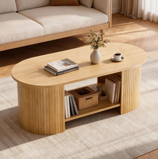 Easoger 42.5" Oval Coffee Table with 2-Tier Storage, Mid-Century Modern Center Table with Fluted Pedestal Base, Wooden Side Table for Living Room, Home Office,Oak