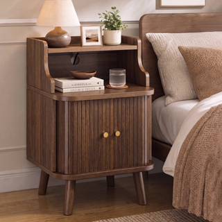 Easoger Fluted Nightstands with Charging Station, Mid-Century Modern Walnut Bedside Tables with Tambour Sliding Doors, Hidden Cabinet & Open Shelf, USB/Type-C Ports
