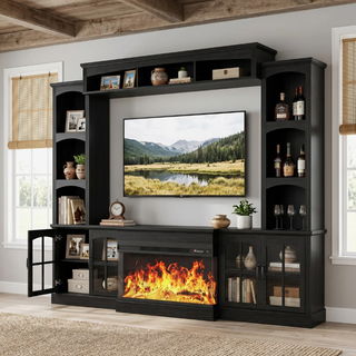 Easoger 98" Wall Unit Entertainment Center with 3-Sided Electric Fireplace, Farmhouse TV Stand for TVs Up to 70", Large Storage with Glass Doors & Shelves, Black