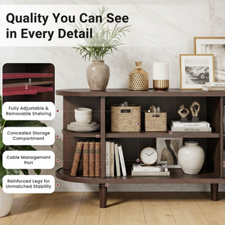 Easoger 58" Sliding Door TV Stand with Charging Station, Fluted Vertical Grille Wood Entertainment Center, Curved Oval Shape Storage Cabinet,Brown