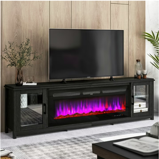 Easoger Fireplace TV Stand for TVs up to 90", 80" TV Stand with 50" Electric Fireplace, Entertainment Center with Glass Doors, Black