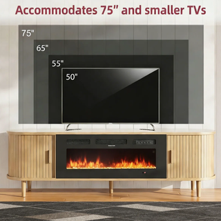 Easoger 70" Fluted Fireplace TV Stand, Mid Century Modern Entertainment Center with 36" Electric Fireplace for TVs up to 75", Console with Sliding Doors & Solid Wood Legs for Living Room,Oak
