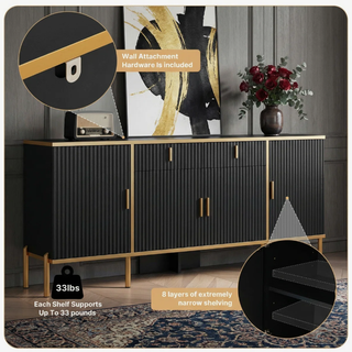 Easoger 60" Sideboard Buffet Cabinet with Gold Accents, Modern Fluted Storage Cabinet for Living Room Dining Room, Adjustable Shelves,Black
