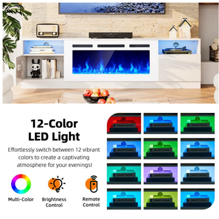 Easoger 90” Fireplace TV Stand for TVs up to 98", TV Stand with 36'' Electric Fireplace, LED Lights Entertainment Center, TV Console, White