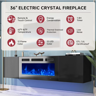 Easoger Floating TV Stand with 36" Electric Fireplace, Wall Mounted Fireplace Entertainment Center with Storage for TVs Up to 80", Adjustable Partition, Black/White (All Black)