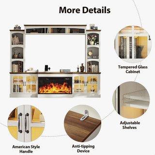 Easoger 98" Wall Unit Entertainment Center with 3-Sided Electric Fireplace, Farmhouse TV Stand for TVs Up to 70", Large Storage with Glass Doors & Shelves, White+Light Walnut