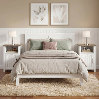 Easoger Set of 2 Farmhouse Nightstand with Charging Station, Modern End Tables with Drawer & Cabinet, USB & Type-C Ports, Wood Rustic Bedside Table for Bedroom, White + Walnut