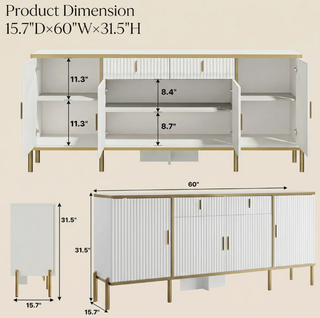 Easoger 60" Sideboard Buffet Cabinet with Gold Accents, Modern Fluted Storage Cabinet for Living Room Dining Room, Adjustable Shelves,White