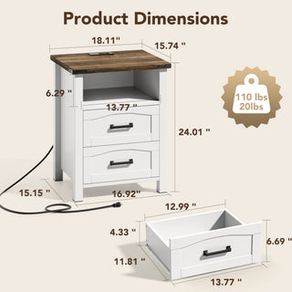 Easoger Farmhouse Nightstand with Charging Station, 18" Wide Rustic End Table with USB/Type-C Ports & 2 Drawers for Bedroom, White+Walnut