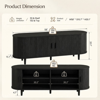Easoger 58" Sliding Door TV Stand with Charging Station, Fluted Vertical Grille Wood Entertainment Center, Curved Oval Shape Storage Cabinet,Black