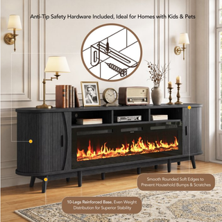 Easoger 97" Mid-Century Modern Fireplace TV Stand with 60" Electric Fireplace, 12 Color Flames & Dual Heat Settings, Large Entertainment Center for TV, Storage Cabinets & Shelves