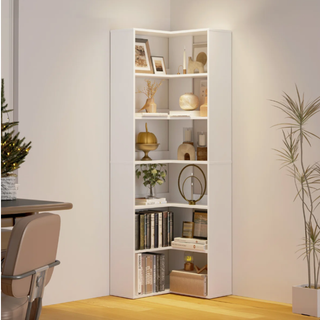 Easoger 23 inch 6-Tier Corner Bookshelf with Baffles, L-Shaped Tall Bookcase for Home Office, Space-Saving Storage Shelf with Anti-Tip Device for Bedroom Living Room, White