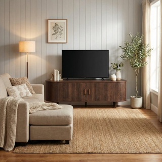 Easoger 65" Sliding Door TV Stand with Charging Station, Fluted Vertical Grille Wood Entertainment Center, Curved Oval Shape Storage Cabinet,Walnut