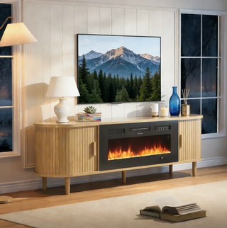 Easoger 70" Fluted Fireplace TV Stand, Mid Century Modern Entertainment Center with 36" Electric Fireplace for TVs up to 75", Console with Sliding Doors & Solid Wood Legs for Living Room,Oak