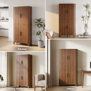 Easoger 69" Tall Kitchen Pantry Storage Cabinet with Sliding Door, Modern Curved Edge Pantry Cabinet with 5 Shelves for Dining Room, Walnut