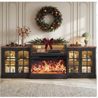 Easoger 97" TV Stand with Electric Fireplace, 3-Sided Glass Display Media Console for Over 100" TVs, Large Storage with Glass Doors & Shelves, LED Backlight, Walnut + Black Oak