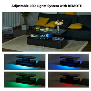 Easoger Modern Stylish Coffee Table with 16 Colors LED Lights, Double-Layer Design for Living Room, Black High Gloss Acrylic
