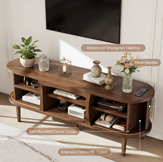 Easoger 58" Mid Century TV Stand for TVs up to 65", Entertainment Center with Power Outlet, Fluted Sliding Doors & Adjustable Shelves, Natural Media Console for Living Room