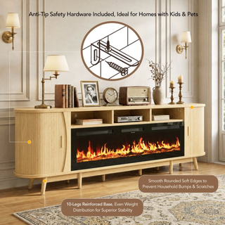 Easoger 97" Mid-Century Modern Fireplace TV Stand with 60" Electric Fireplace, 12 Color Flames & Dual Heat Settings, Large Entertainment Center for TV, Storage Cabinets & Shelves