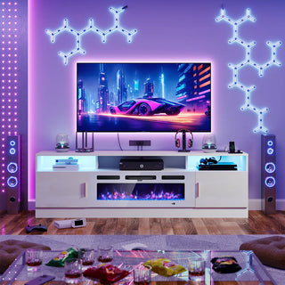 Easoger 80" Fireplace TV Stand, Gaming Media Console with 12 Color LED Backlights & 3 Outlets, Storage Shelves & Cabinets, White
