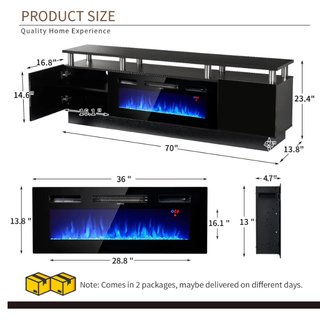 Easoger Fireplace TV Stand, Entertainment Center for TVs up to 80", 70” TV Stand with 36'' Electric Fireplace, LED Lights Entertainment Center, TV Console, Black