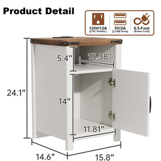 Easoger Nightstand with Charging Station 2-Piece Set, Farmhouse End Table with Barn Door &Storage Space for Livingroom and Bedroom, White