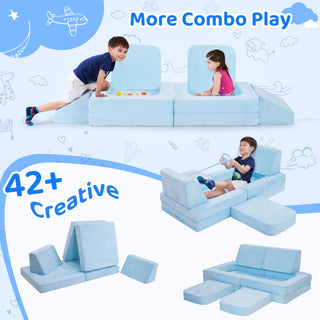 8pcs Modular Kids Play Couch, Toddlers Play Couch Sofa, Kids Couch Building Fort for Boys and Girls Playroom Bedroom, Children Convertible Sofa Foam Couch, Bule