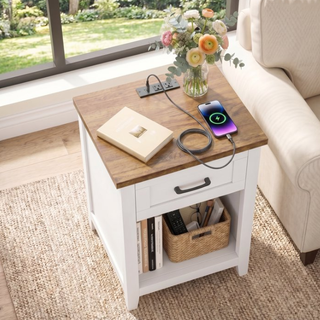 Easoger Farmhouse Nightstand Set of 2 with Charging Station & Large Storage, End Tables with Outlets & USB Ports for Bedroom,Walnut+White