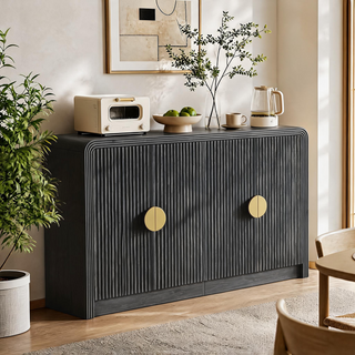 Easoger 55" Fluted Buffet Sideboard Cabinet, Modern Mid Century Console Cabinet with Adjustable Shelves & Wavy Grain Doors for Living Room, Black Walnut